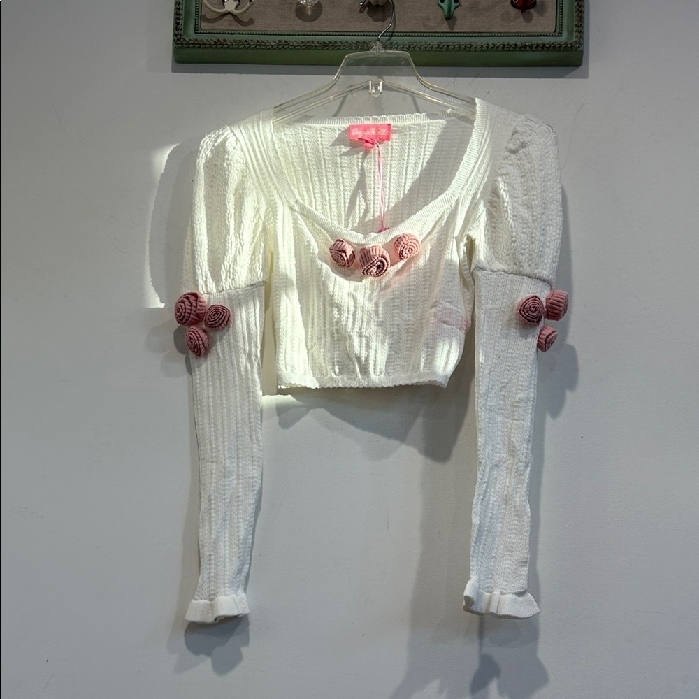 Dolls Kill Sugar Thrillz White Pink Sweater w/ rose appliqués medium new